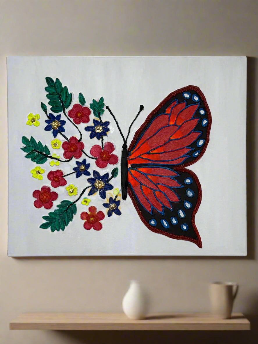 Half Wings, Full Bloom - Textured Butterfly and Flowers Canvas Art | Inspirational Wall Décor