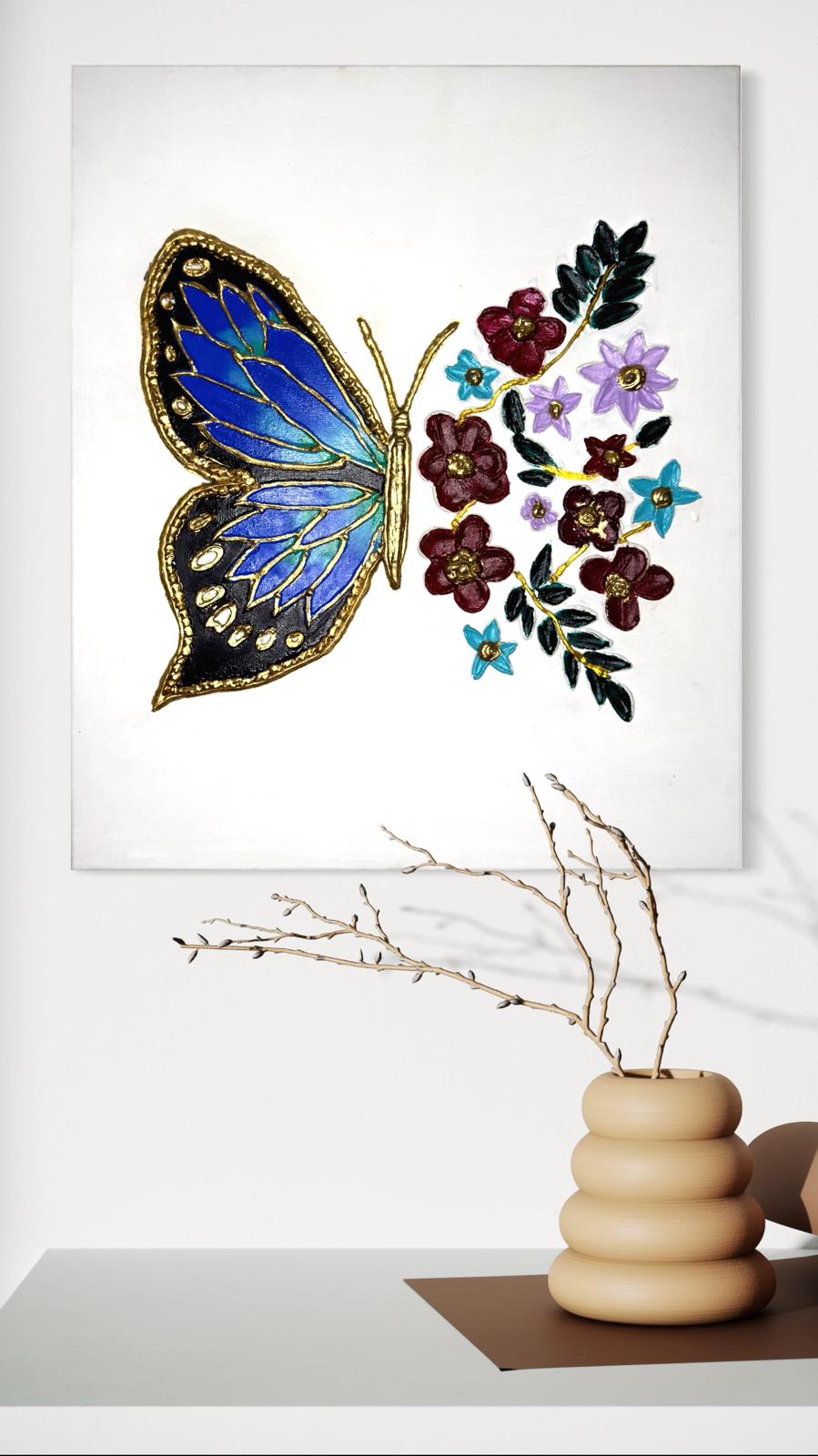 Radiant Butterfly & Bloom Textured Canvas Wall Art — Handcrafted Elegance for Your Home