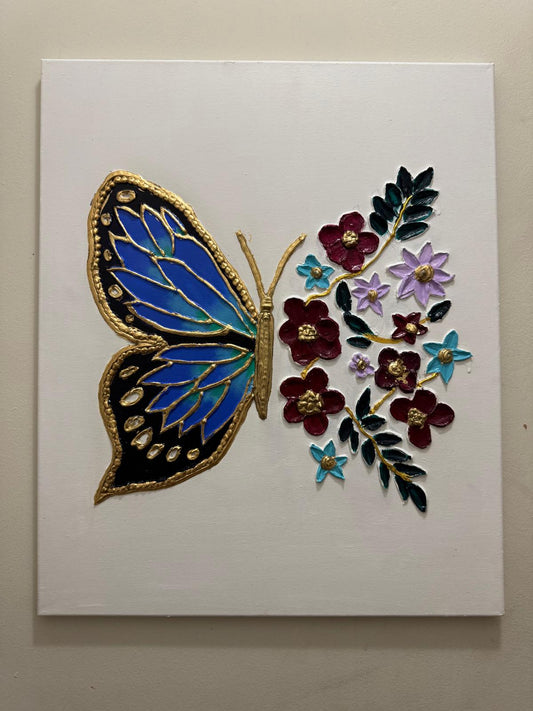 Radiant Butterfly & Bloom Textured Canvas Wall Art — Handcrafted Elegance for Your Home